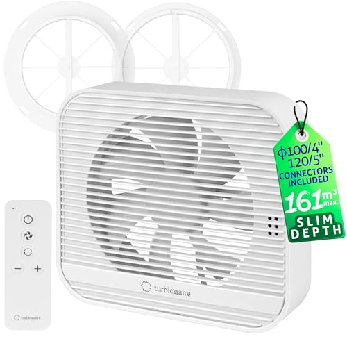 Turbionaire Axio 1012 R Aspiratore Bagno, 100/120 mm, Multifunzionale, Telecomando, 5 Velocità + Boost, Attacchi e valvola di non ritorno da 100 mm e 120 mm inclusi, 7.8 W, Silenzioso