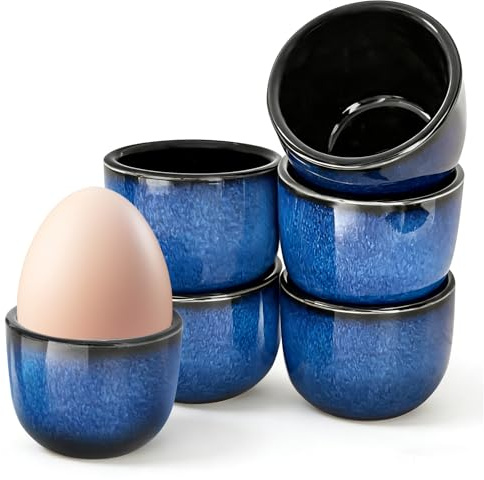Set da 6 Portauova in Ceramica Blu- Portauovo in Porcellana Fatto a Mano con Finitura Lucida, Supporto per Uova alla Coque Lavabile in Lavastoviglie, Ideale per Colazione, Brunch (Blu vintage)