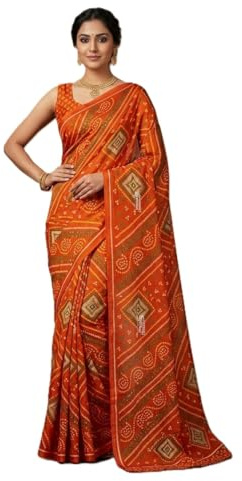 Estationeryhouse Printed Georgette Bandhini Saree, Diamond Print with Blouse Piece (Orange)