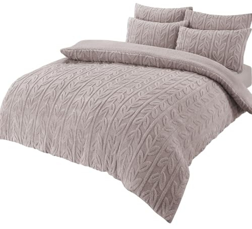 Olivia Rocco Leaf Teddy Fleece Duvet Cover Set Easy Care Quilt Bedding Sets with Pillow Case Thermal Warm Cosy Super Soft Fluffy Comforter Bed linens (Natural, Super King)