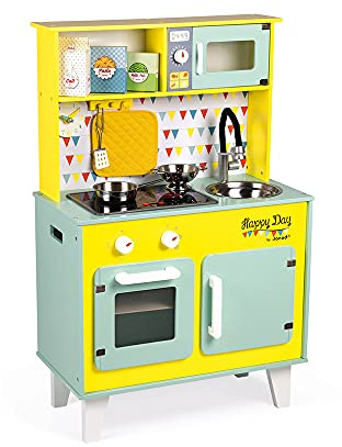 Janod - Gran Cocina Infantil de Madera Happy Day - Equipada con Nevera y Microondas, Sonido y Luz - Imitación y Desarrollo - 7 Accesorios Incluidos - Desde 3 años, J06564, Azul y Amarillo