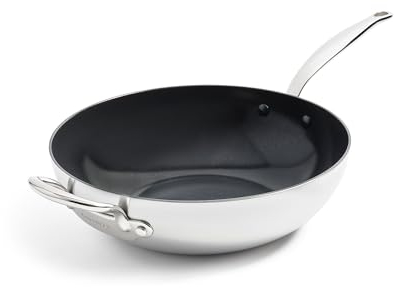 Greenpan Barcelona Evershine Tri-Ply Stainless Steel Healthy Diamond Reinforced Ceramic Non-Stick 30 cm/4.7 Litre Wok, PFAS-Free, Multi Clad, Induction, Oven Safe, Silver