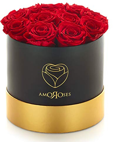 Amoroses 12 Rose Stabilizzate Vere durano Anni - Idea Regalo per Lei Originale Elegante Bouquet per San Valentino e Altre Occasioni Speciali (Scatola Nera con Rose Rosse)