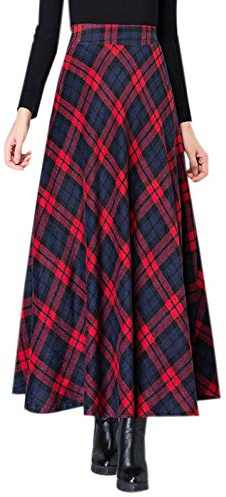 Cicilin Kvinnors rutiga ullkjolar tartan pläd lång utsvängd kjol retro hög midja A-linje varm veckad höst vinter, Färg: röd, S