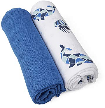 GRÜNSPECHT Bio-Mullwindeln 70x70cm aus 100% Baumwolle (kbA), Spucktücher, ohne optische Aufheller, hautfreundlich & saugstark, 2 Stück, blau und Meerestiere (690-V2)