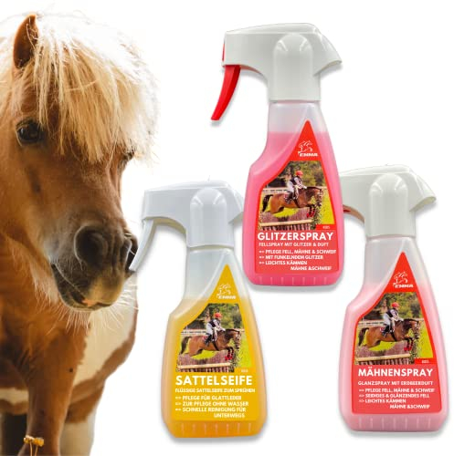 EMMA Mähnenspray für Pferde + Schweifspray + Sattelseife I Saddle Soap I Glanzspray I Schweifspray für Pferde I Fellspray I Lederseife Lederfett farblos Pferde Zubehör Pferdepflege Set 3 teiig