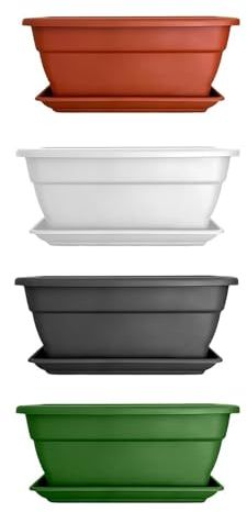Jardin202 - Jardinera con Plato Incorporado para Plantas y Flores | Rectangular de plástico | Agujeros para Drenaje incorporados | 40 cm (Blanco)