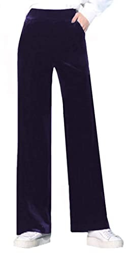 Women Plus Size Stretch Velvet Pant Flat Front Pants Velour Velvet Ladies Elasticated Trouser Navy