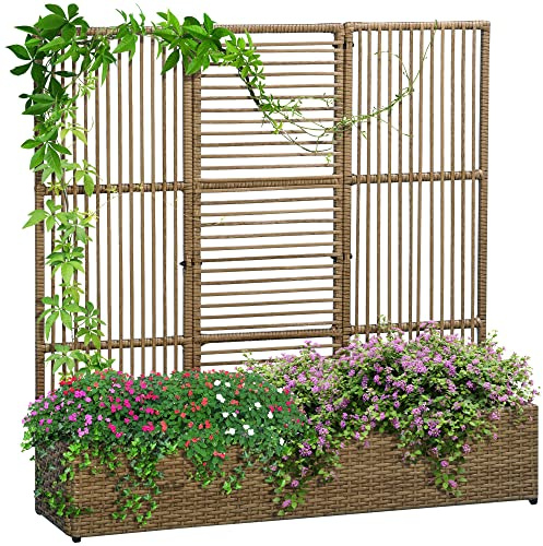 Outsunny Jardinière avec Treillis jardinière sur Pied Support pour Plantes avec Treillis bac à Fleurs rectangulaire en résine tressée PE et Acier dim. 103L x 29l x 103H cm Marron