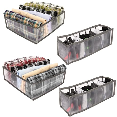 Kurtzy 4er Pack Kleiderschrank Organizer - 2 Große Netzboxen mit 6 Fächern & 2 Mittelgroße mit 7 Fächern - Faltbare Schrank Organizer Kleiderschrank Boxen für Unterwäsche, Jeans, T-Shirts & Mehr