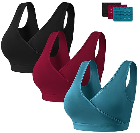 HBselect 3 Pcs Schwangerschafts Still BH Schlaf Still-BH mit zusätzlichen BH-Verlängerungen Stillen und Schlaf Ohne Bügel für die Nacht Stillen und Schlafen Schwarz Weinrot Blau L