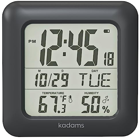 KADAMS Bathroom Digital Clock with Large LCD Screen - Shower Wall Clock with Timer - Water Resistant - Temperature & Humidity Display - Calendar Display - 4 Mounting Options Black