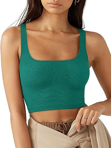 Rongseng Débardeur Femme Crop Top Sexy Crop Tank Tops sans Manches à Col Carré Côtelé Sports Camisole Cropped Côtelé Été Basiques Yoga Fitness Haut