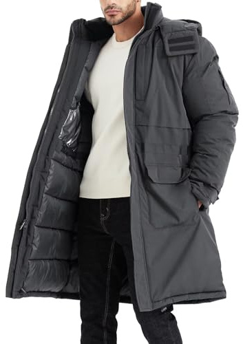 Rejork Men's Extra Long Parka Winter Coats Hooded Puffer Jacket Heavy Warm Water-resistant Outerwear Cold Weather Grey 2XL