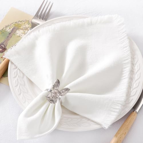DeZerlor Paquete de 6 servilletas de Lino y algodón Blanco Marfil con Flecos, Juego de 6 servilletas Bohemias Hechas a Mano a Granel para Boda, Despedida de Soltera, Baby Shower, día de San Valentín