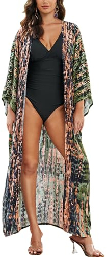 LikeJump Femmes Coton Imprimé Caftan Maillot de Bain Kimono Cover Up Loose Beach Robe Maxi Robe