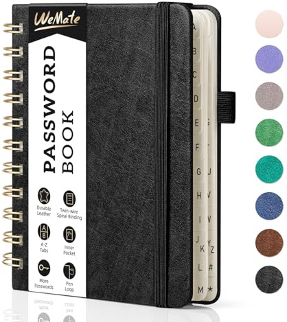 WEMATE Livre de mots de passe à spirale avec onglets alphabétiques, petit livre de mots de passe pour les seniors, carnet de mots de passe Internet - 4.7''x 6'' (Noir)