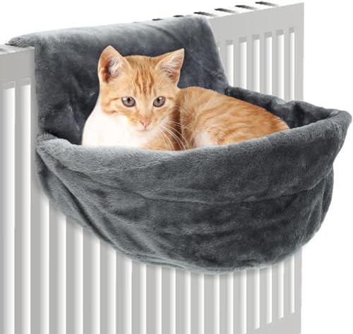 Letto Radiatore Gatto Sedia Sdraio Riscaldata per Gatti Riscaldamento Amaca per Gatti Tessuto Peluche Grigio Letto Radiatore Pieghevole per Gatti Piccoli Animali Domestici 45.5x39x25.5cm