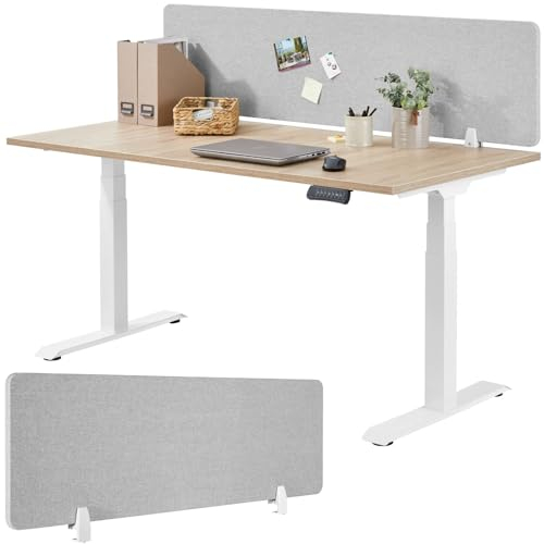 tectake® Desk Divider - Sound-Absorbing PET Plastic Core with Durable Cover, Recess for Cable Management, Rounded Edges, Easy Installation - 160x40cm Privacy Screen for Office, School & Home - Grey