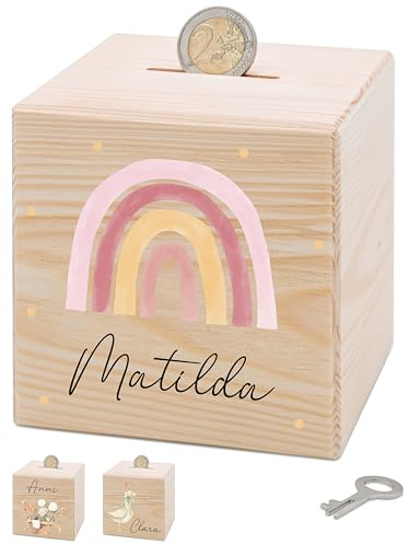 Bärenfreunde® - Personalisierte Spardose Kinder aus Holz mit Metallschloss - Spardose mit Namen mit kinderfreundlichem UV-Druck zum Sparen für Kinderträume (Regenbogen Punkte)