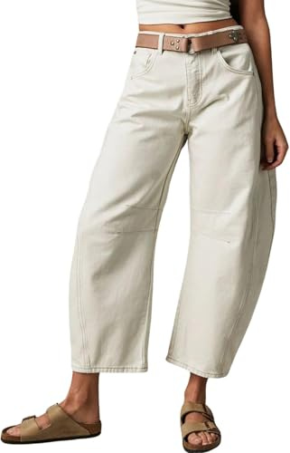 Womens Stretchy Mid Rise Barrel Jeans Vintage Loose Wide Leg Cropped Denim Pants Y2k Baggy Boyfriend Jeans, Ivory, XS