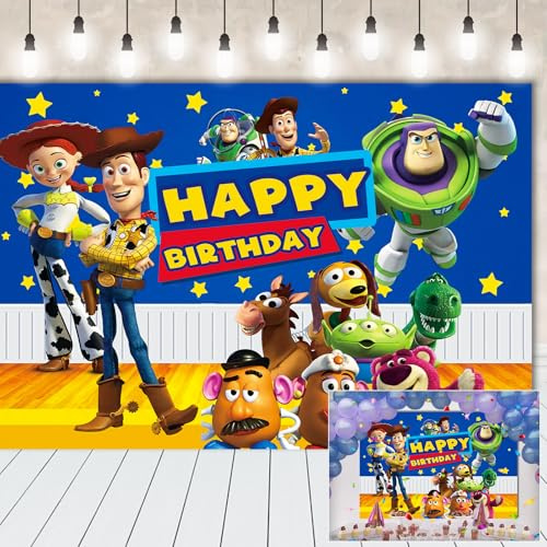 Sfondo fotografico di compleanno con storia, 1,5 x 0,9 m, con scritta Happy Birthday, con cabina fotografica a tema cartone animato, per feste di bambini, sfondo fotografico per matrimoni