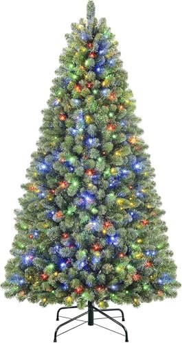 SHareconn 229 cm Albero di Natale con Luci Incorporate Artificiale, di Alta qualità con 470 Luci Bianche Calde e Multicolori, 8 modalità luce, 1264 Punte di Rami, Supporto pieghevole in metallo