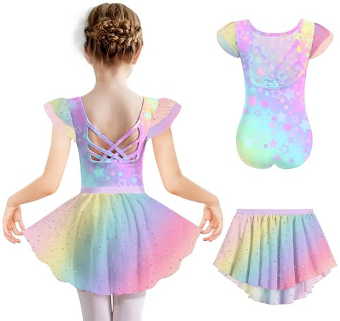 Arshiner Mädchen Ballettkleid Kurzarm Ballettkleidung Baumwolle Rückenfrei Balletttrikot Kinder Tanzkleid Sommer Glitzer Ballettanzug Zweiteilig Tanzbody mit Tütü Regenbogen 140/6-7 Jahre