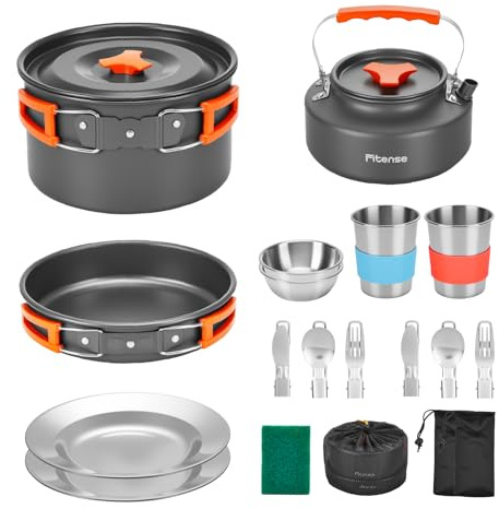 Fitense 21Pcs Camping Cookware Mess Kit for 2, Lightweight Camping Kitchen Pots and Pans Set, Portable Cooking Essentials for Backpacking, Hiking and Picnic