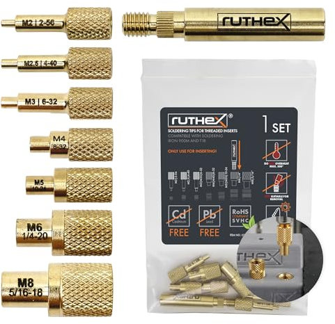 ruthex Lot de 7 pannes à souder - Pointes de fer à souder pour inserts filetés ruthex M2/M2.5/M3/M4/M5/M6/M8 - #2-56/ #4-40/ #6-32/ #8-32/ #10-24/1/4 avec adaptateur pour fer à souder 900 M/T18
