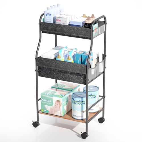 Cathyeen 3-Tier Rolling Baby Diaper Caddy Cart with 3+2 Dividers & Locking Wheels, 31 H Large Capacity Metal Frame Baby Storage Organizer Nursing Cart for Diapers, Wipes, Clothes, Toys