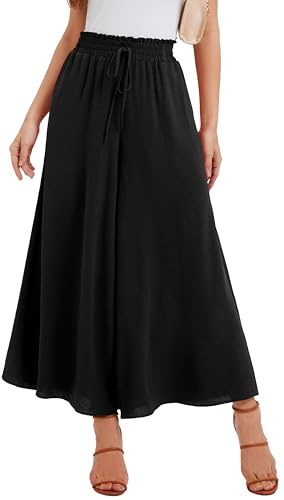 WUWUSKY Jupe Culotte Femme Pantalon Large Taille Haute Pantalon d'Été Léger Infroissable de Plage avec 2 Poches pour Quotidien et Soirée, 01 Noir, XXL
