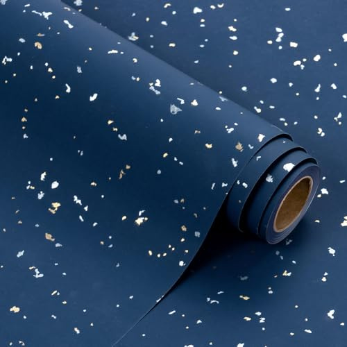 RUSPEPA Marinblå omslagspapper rulle – minirulle – 43,2 cm x 5 m – marinblå gulddesign med silkeslen touch perfekt för födelsedag, bröllop, babyshower