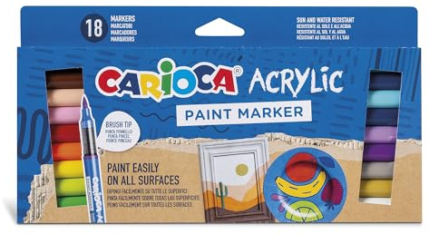 CARIOCA Marqueurs peinture acrylique - Pour toutes surfaces, pointe pinceau, encre à base d’eau couvrante, ne sèche pas à l’air, parfaits pour artistes, écoles loisirs créatifs (boîte de 18 marqueurs)