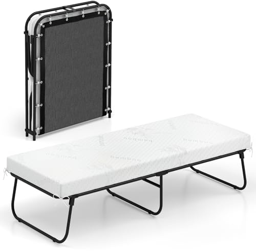Giantex Folding Bed with Mattress, 75 x 31 Rollaway Guest Bed with Memory Foam & Heavy-Duty Metal Frame, Space-Saving Fold up Beds, Cot Size Portable Roll Away Beds for Adults