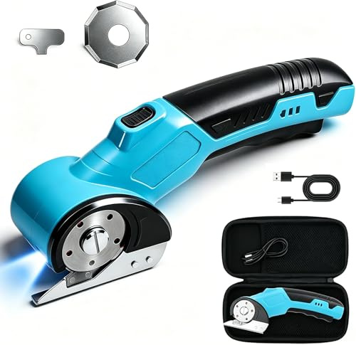 Elektrischer Schere, Tragbarer Kartonschneider mit Sicherheitsschalter,320 U/Min Kabellose Kartonschneider mit LED-Licht & Ersatzklinge, 4V Universalschneider für Pappe Teppich Stoff Kunststoff (Blau)