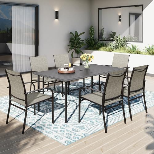PHI VILLA Gartentisch mit Stühlen Garten Sitzgruppe mit 6 x Braune Textilene-Esszimmerstühle Schwarzer Rechteckiger Metall-Esstisch für Terrasse, Deck, Hof, Bistro