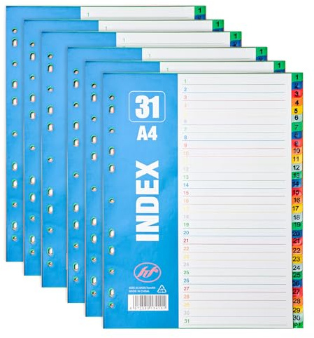 File Dividers A4,【6Pack】 31 Part Folder Dividers,1-31 Coloured Plastic A4 Dividers, 11-Holes Files,for Lever Arch Files Ring Binders Office School Index Dividers (1-31(6pack))