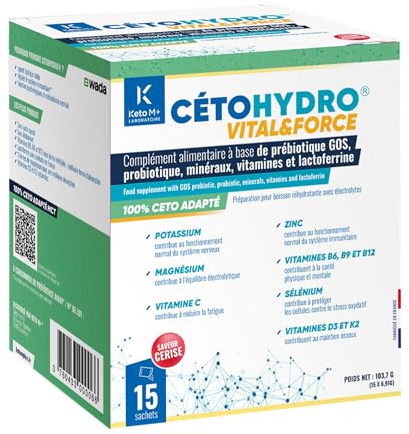 CETOHYDRO® Hydratation Active – Électrolytes, GOS, Lactoferrine, Boulardii – Vitamines D3 K2 B6 B9 B12 – Sans Sucre – Immunité, Digestion & Énergie – 15 Sachets Citron