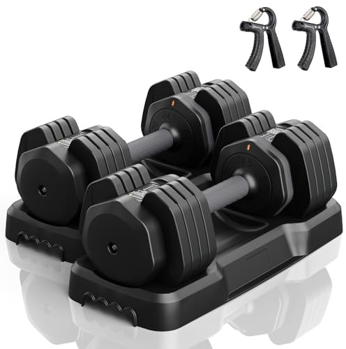 Moziel Lot de 2 Haltères Réglables Musculation 24,5 kg avec 2 Entraîneurs de Main, Ensemble d'Haltères avec 5 Niveaux de Poids de 6,5 kg à 24,5 kg - Noir