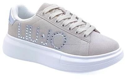 Liu Jo Babol 01 BF5059PX002 8054033300813-40 - Zapatillas de mujer de plataforma de piel de ante y detalle con logotipo de strass, Beige Plata, 39 EU