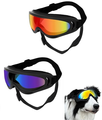 2 gafas para perro con protección UV, correa ajustable, color morado y naranja