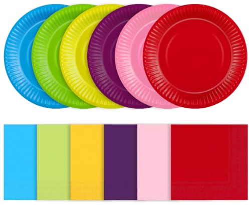 60 Pcs Colorful Paper Plates and Napkins Rainbow Party Tableware Serve 30 | Include 30 pcs 7 Party Cake Plates and 30 Pcs 5 Multicolor Napkins for Birthday Holiday Rainbow Parties Decoration