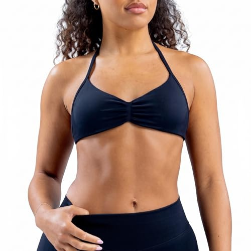 GEEKPC Navy Blue Halterneck Sports Bra with Ruched Front - Breathable Moisture-Wicking Quick-Dry Fabric for Gym Yoga Pilates and Everyday Wear, Soft Elastic Support with Removable Padding, Deep