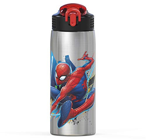 Zak Designs 27oz Marvel 18/8 Single Wall Stainless Steel Water Bottle with Flip-up Straw and Locking Spout Cover, Durable Cup for Sports or Travel (27oz, Spider-Man)