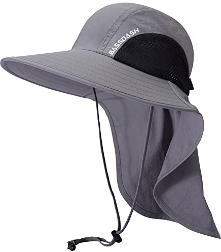 Bassdash Unisex Sonnenhut UPF 50+ Angelhut wasserabweisend breite Kremp mit großem Nackenschutz Pferdeschwanz Herren Damen
