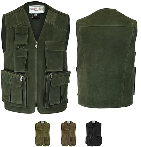 German Wear Herren Jagd Lederweste Jagdweste aus Nubuckleder - Freizeit 9-Taschen Angelweste - Outdoor Camping Multi-Taschen Angler Weste - Multifunktionsweste Tarnweste Dunkelgrün - 48