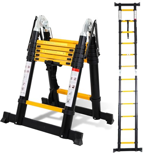 Joparri Escalera telescópica plegable de aluminio, 3,8 m (1,9 + 1,9), antideslizante, multiusos, portátil, de aluminio, carga máxima de 150 kg, color negro y amarillo (SNOF-8885-M1c)