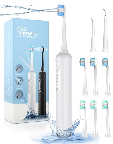 Electric Toothbrush with Water flosser, 3 in 1 Teeth Cleaning Kit with 7 Modes, Electric Toothbrush and flosser Combofor Adults, Water Flosser Portable for Travel and Home (White)