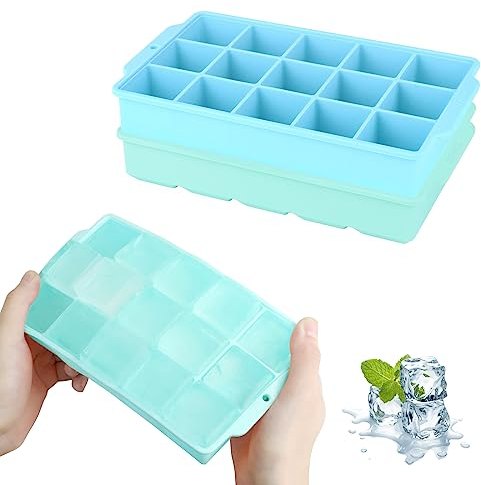 JOPHEK Bandejas de Cubitos de Hielo, 2 Piezas 30 Cubos Silicona Moldes para Cubitos de Hielo, Cubitos de Hielo Cuadrados Grandes de 3,5cm para Cócteles, Whisky, Vino, Frutas, Puré de Frutas
